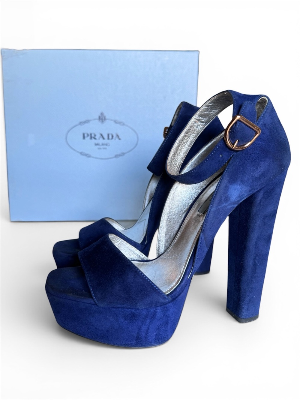 Prada Navy Blue Suede Platform Ankle-Strap Heels